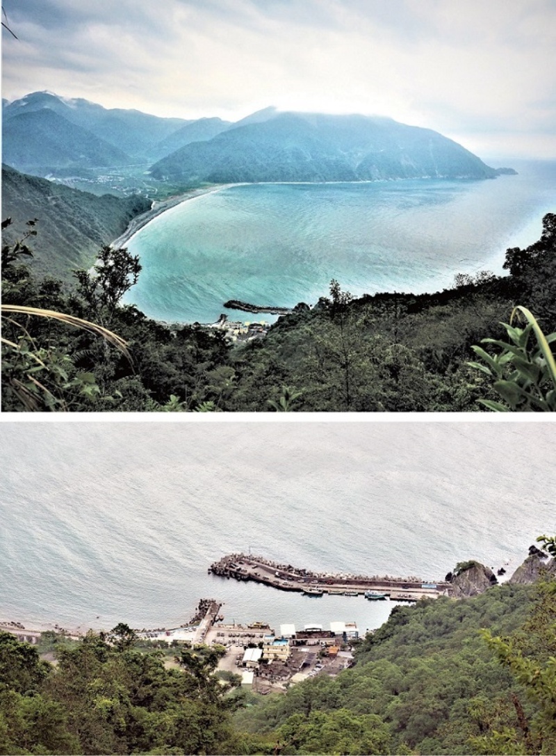 上：平靜無波的東澳灣海景。（陳財發提供） / 下：俯瞰粉鳥林漁港。（陳財發提供）