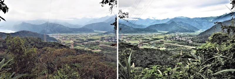 左：在雜木較稀疏路段可以眺望到神秘海岸-「南澳沙灘」。（陳財發提供） / 右：立足舊公路上，有幸觀賞到蘭陽的別有天地—南澳平原的清秀風光。（陳財發提供）