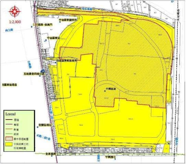 興中紙業承租中興紙業土地範圍圖，黃色區域為原中興紙業所有權範圍，紅色斜線區域為興中紙業承租範圍。資料來源：《臺灣中興紙業公司四結廠區（中興紙業及興中紙業）文化景觀登錄調查計 畫成果報告書》，宜蘭縣政府文化局，民國102 年，頁38。