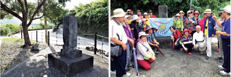 左：產業公路拓寬，舊紀念碑被移到堤岸上，但新碑更名為「武塔公墓」。（陳財發 攝） / 右：走讀歷史空間社見學活動留影。（陳財發 攝）