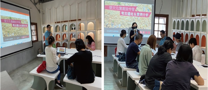 左：陳碧琳館長於上課前開場。 / 右：文化部文化資產局古物遺址組周彥汝組長到場參與。