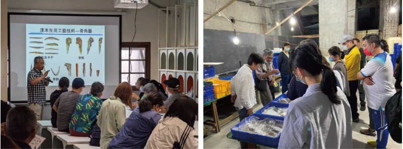 左：庶古文創股份有限公司朱正宜總經理分享漢本考古遺址搶救發掘大小事。 / 右：學員參觀庶古文創出土遺物整理工作。