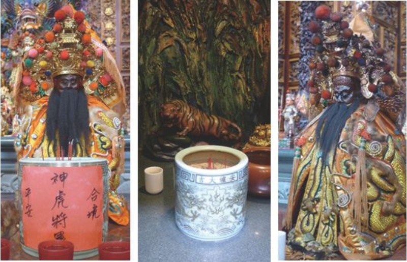 武營里三山宮主神龕底下，跟多數陽廟一樣，亦供有虎爺(中)。但，該廟亦同時供奉虎爺將軍(右)，並有一稱作神虎將軍的神明會(左)。虎爺、虎爺將軍和神虎將軍，雖然名稱上都有一虎字，然其性質可是大不相同！虎爺是真的以虎為供奉對象，後二者是忌言「貓」字，故託稱為「虎」，亦是貓精的人格化信仰。(張恆瑞 攝)