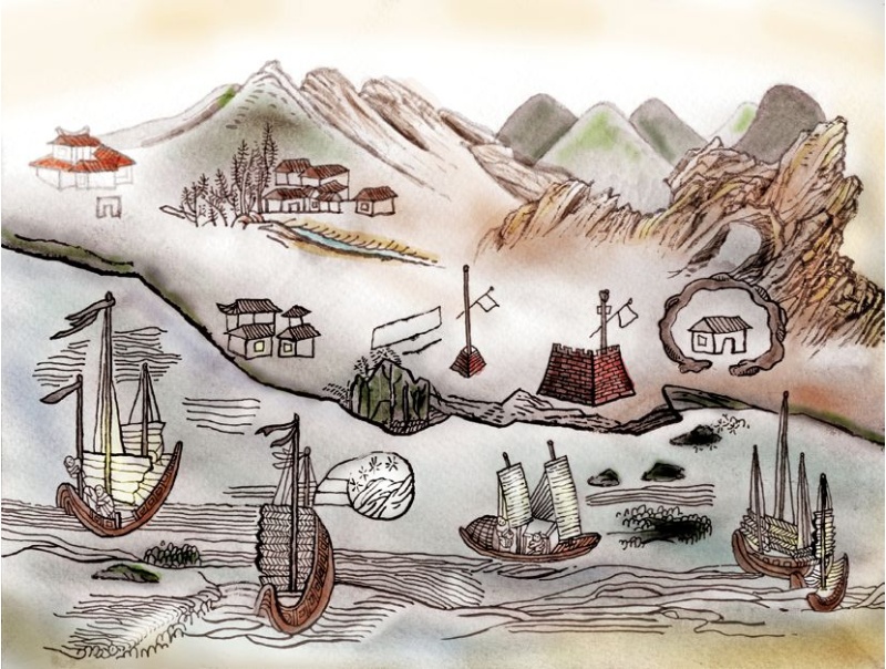 蘭陽八景之五-石港春帆。蘭陽八景是道光5年（1825）烏竹芳通判選定的，並為之作詩。後來成為1850年代刊行的《噶瑪蘭廳志》的蘭陽八景圖，留下了稀有而珍貴的宜蘭早期圖像，參照其它的史料解讀，從中得到宜蘭歷史空間的訊息。「石港春帆」，圖右側中間邊圍起來一圈的應該是隆嶺下面的民壯圍，掛旗子的地方代表是官方機構所在，應該是汛防和砲台，圖中特別把烏石港區裡的黑色礁石畫出來，表達此地「烏石港」地名之由來。