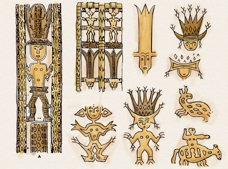 現存的噶瑪蘭木雕藏品多為柱子和牆板，以陰刻為主要技法，雕刻內容以人物、動物和植物為主，人像為盛裝的青年 人具有紀念與教育的意義；動物中的鹿是狩獵的對象；而植物的檳榔是噶瑪蘭人主要的嗜好品、待客的禮品和祭祖的 祭品；圖像的四周常刻以魚紋，說明噶瑪蘭與魚撈的關係。