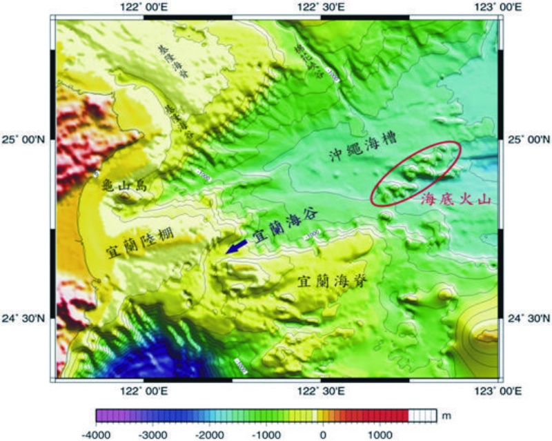 圖1-2-5 宜蘭外海附近的海底地形圖。 （來源：江協堂等，2005）