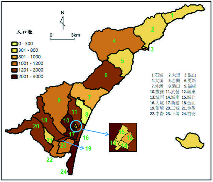 圖7：頭城鎮各里之人口分布漸層設色圖 （來源：以 GIS 繪製）。