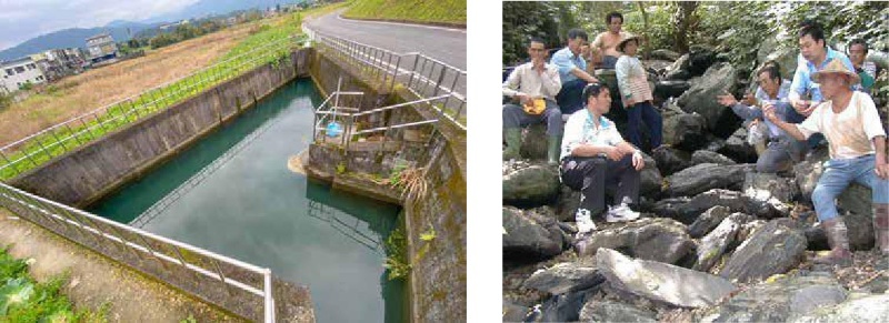 圖3：左圖為三角埤 ； 右圖為某年乾旱，枕頭山耆老討論祈水 (吳敏顯攝)。