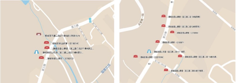 圖2：左圖為金面山北側地區之軍事遺構分佈位置。 本研究繪製標示，底圖引用Ｇoogle Maps；右圖為金面山南側地區之軍事遺構分佈位置。 本研究繪製標示，底圖引用Ｇoogle Maps。