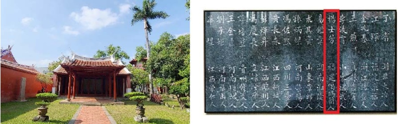 圖2：(左)位於臺南市之臺灣府學明倫堂，楊士芳 於咸豐 3 年（1853）入泮成為臺灣府學生員 ；(右)楊士芳名列同治 7 年（1868）戊辰科 。進士題名碑資料來源：楊栢村編，《楊釤（德惠）直系 祖譜彙整》，2003。