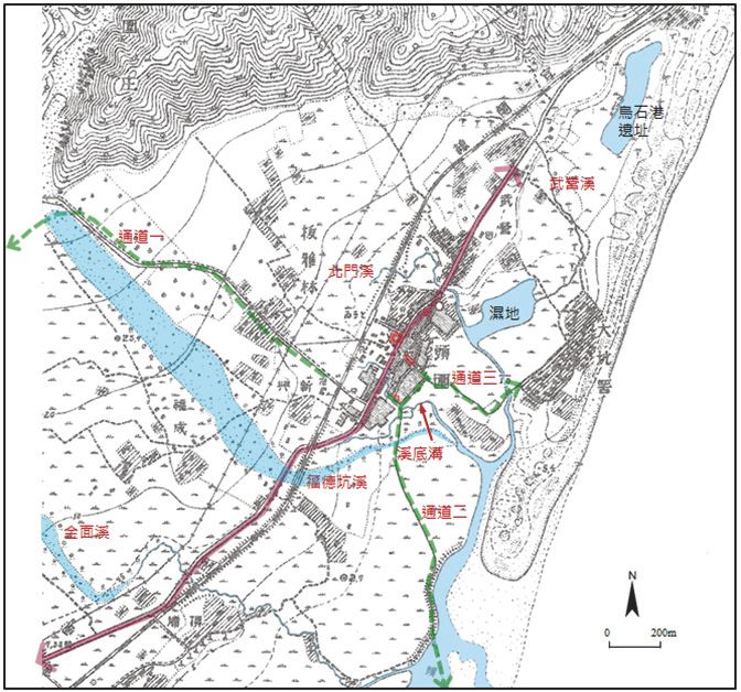 圖2： 1921-1929 年台灣 1/25000 地形圖的頭城地區圖 ( 來源：中研院台灣百年歷史地圖網站、自繪 )。