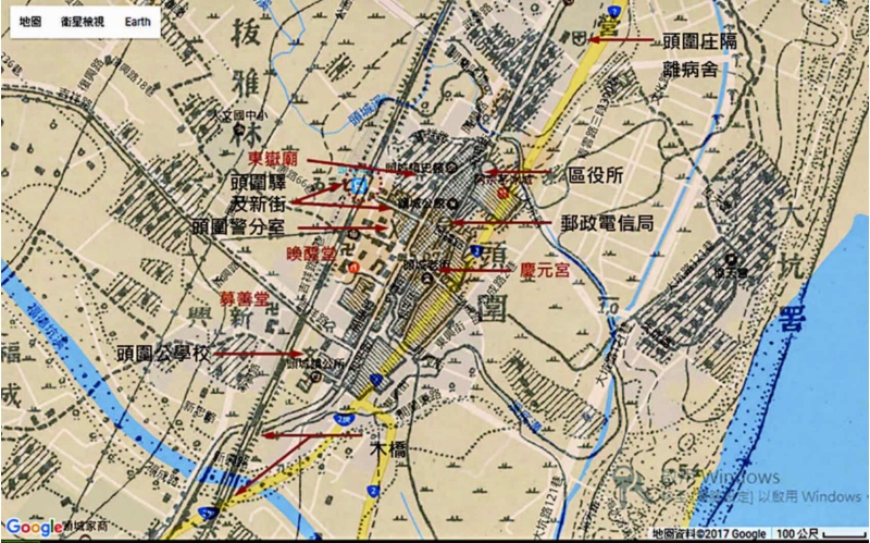 圖6： 日治中期 ~ 末期頭城市街重要地標位置圖 ( 來源：中研院台灣百年歷史地圖網站、自繪 )。