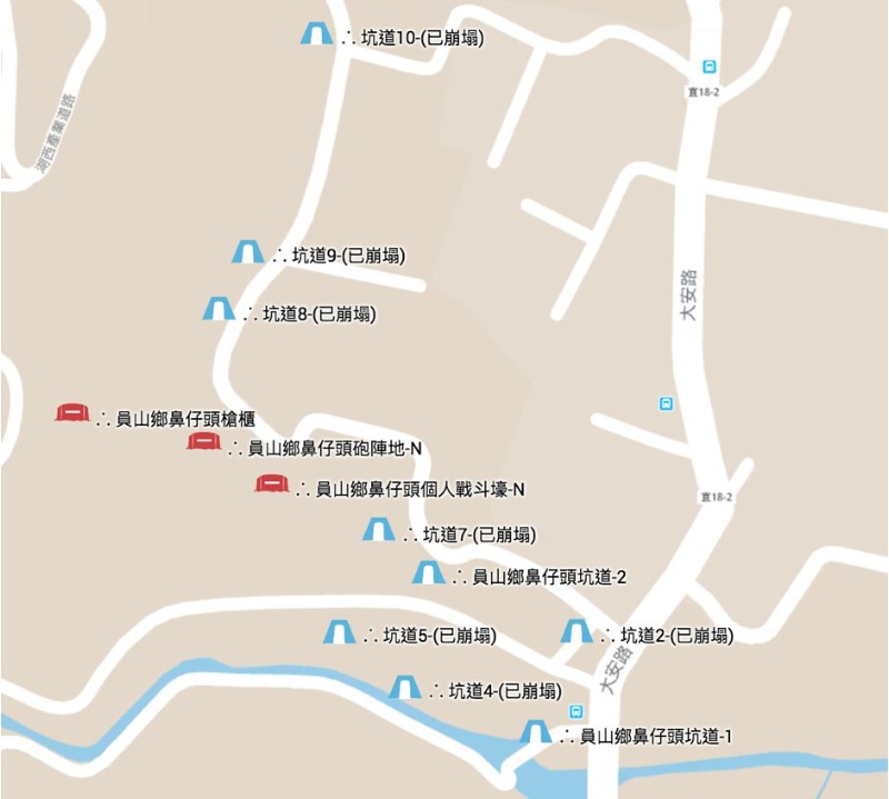 圖5：鼻仔頭地區之軍事遺構分佈位置。 本研究繪製標示，底圖引用Ｇoogle Maps。
