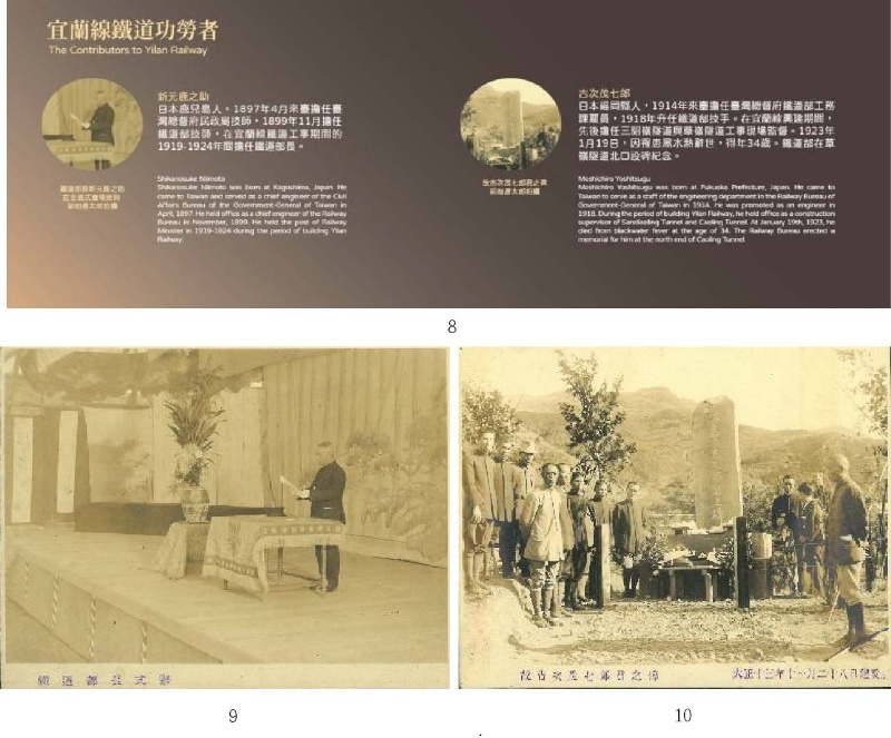 圖8：通車展功勞者介紹擷取攝影作品介紹新元鹿之助與吉次茂七郎。圖9：「鐵道部長式辭」。圖10：故吉次茂七郎君之碑 大正十三年十一月二十八日建設。」