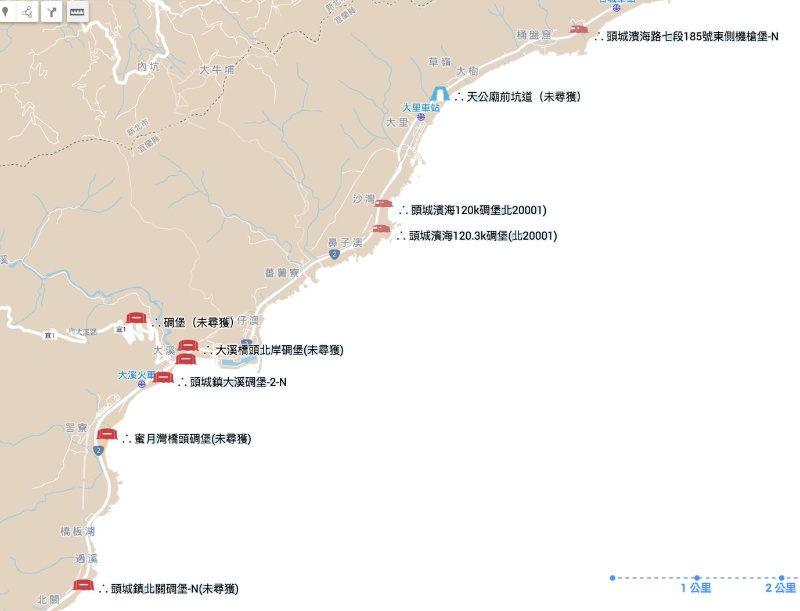 圖2：石城至北觀海岸之軍事遺構分佈位置。 本研究繪製標示，底圖引用Ｇoogle Maps。
