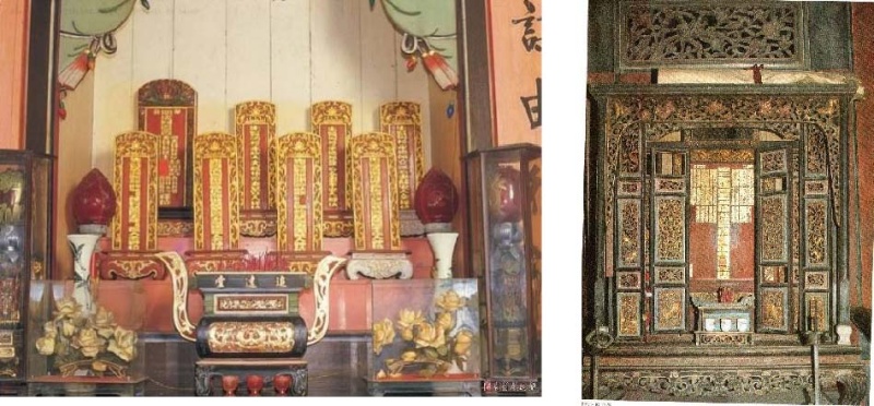 圖1：(左)立牌式神主牌，宜蘭市南興街林氏家廟追遠堂祖先牌位。資料來源：宜蘭縣史館宜蘭人文知識數位資料庫。(右)神龕式神主牌，羅東鎮羅莊里張達猷大夫第公媽龕。 資料來源：凌昌武、林熖瀧編，《蘭陽史蹟文物圖鑑》，（宜蘭：宜蘭縣 立文化中心，1986），頁 127。