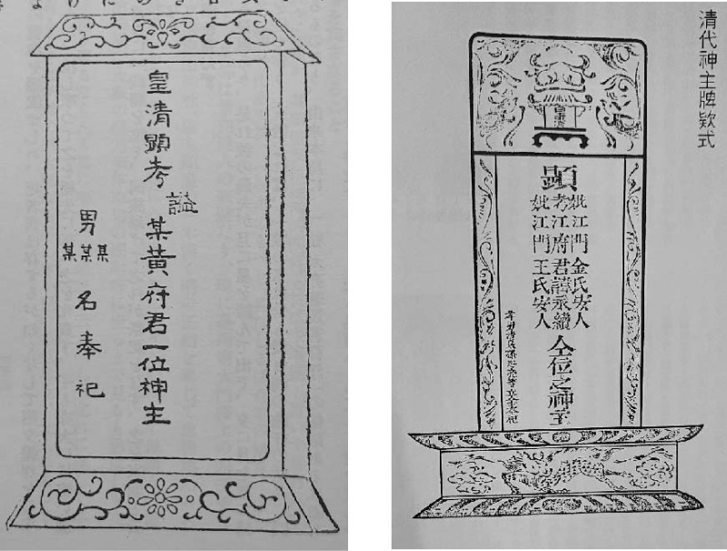圖5：(左)獨立式神主，奉祀一位神主。 資料來源：片岡巖，《臺灣風俗誌》，臺北市： 南天書局，1994，頁 157。(右)獨立式神主，考妣合祀。資料來源：陳金田，〈祖先神主與祭祀〉， 《臺灣風物》第 39 卷第 2 期，1989 年 6 月， 頁 100。