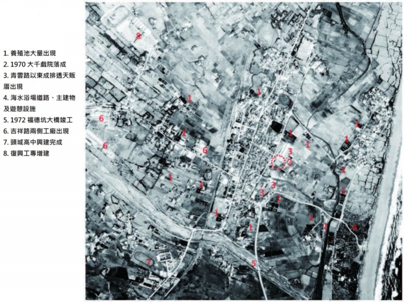 圖5：1974 年頭城市街及周邊航拍影像 （來源：中央研究院地理資訊科學研究專題中心）。