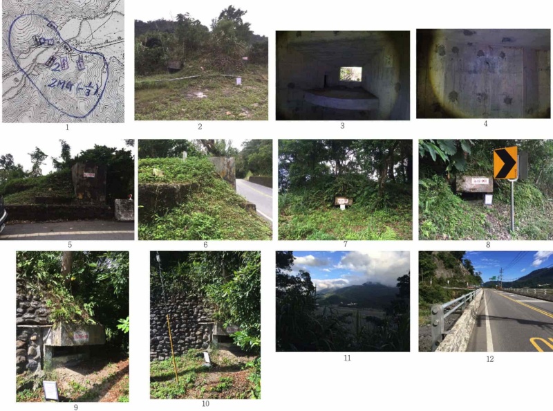 圖4：1.〈雷神部隊陣地編成要圖〉之牛鬪地區局部。2.牛鬪橋旁戰後所建之碉堡。3.牛鬪橋旁戰後所建碉堡內部-1。4.牛鬪橋旁戰後所建碉堡內部-2。5.大同北橫 92.5k 北側碉堡，應為戰後所建。6.大同北橫 92.5k 北側碉堡，應為戰後所建。7.大同北橫 84.9k 北側碉堡，戰後所建。8.大同北橫 85k 北側碉堡，戰後所建。9.大同百韜橋西側碉堡，為戰後所建。10.大同百韜橋西側碉堡，應為戰後所建。11.大同北橫 85k 北側碉堡之射界。 12.大同百韜橋西側碉堡之射界。