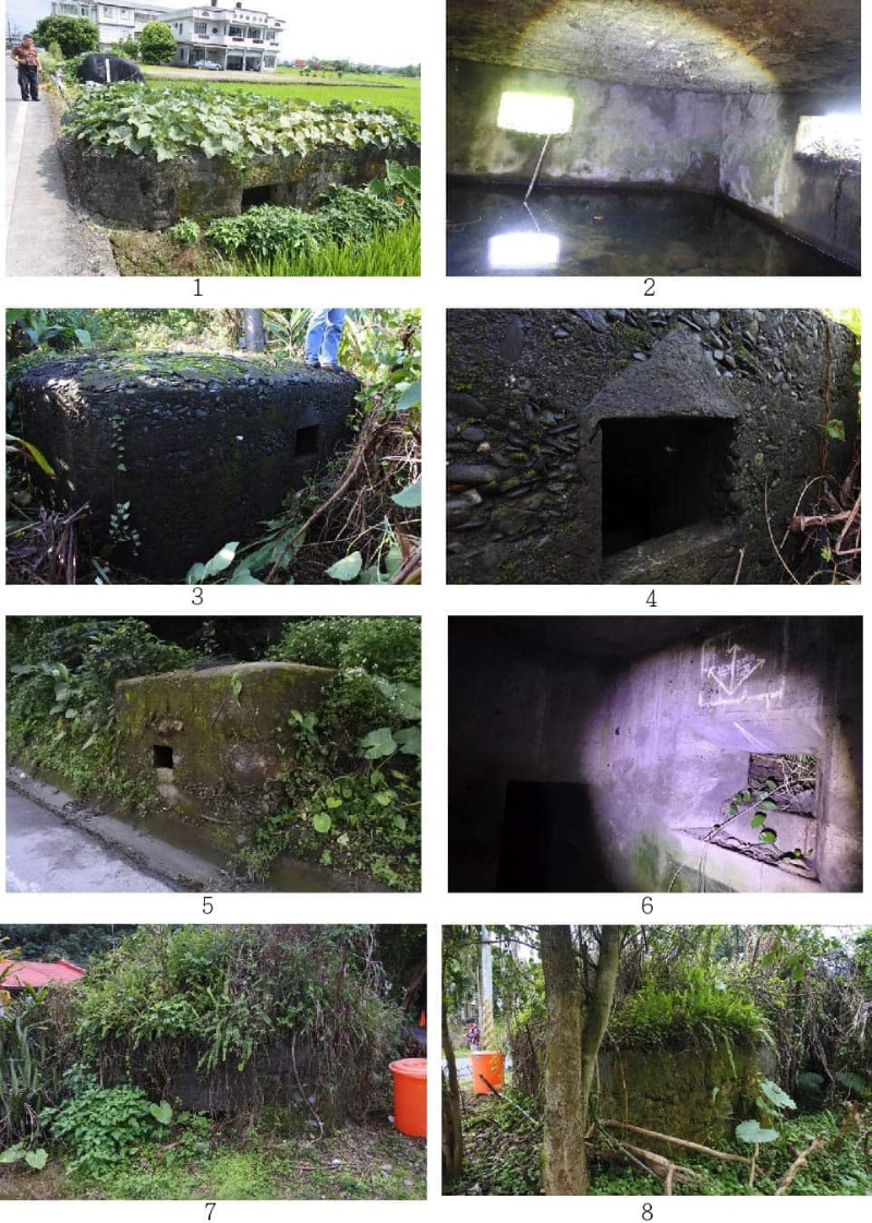 圖2：1.宜蘭南機場南僑路碉堡。2.宜蘭南機場南僑路碉堡內部。3.大坑罟安檢所南側碉堡外觀。 4.大坑罟安檢所南側碉堡射口。5.蘇澳三民路南側碉堡。6.蘇澳三民路南側碉堡。7.三星圓山發電廠碉堡正面射口。 8.三星圓山發電廠碉堡背側入口。