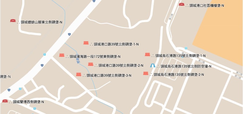 圖4：烏石港地區之軍事遺構分佈位置。 本研究繪製標示，底圖引用Ｇoogle Maps。