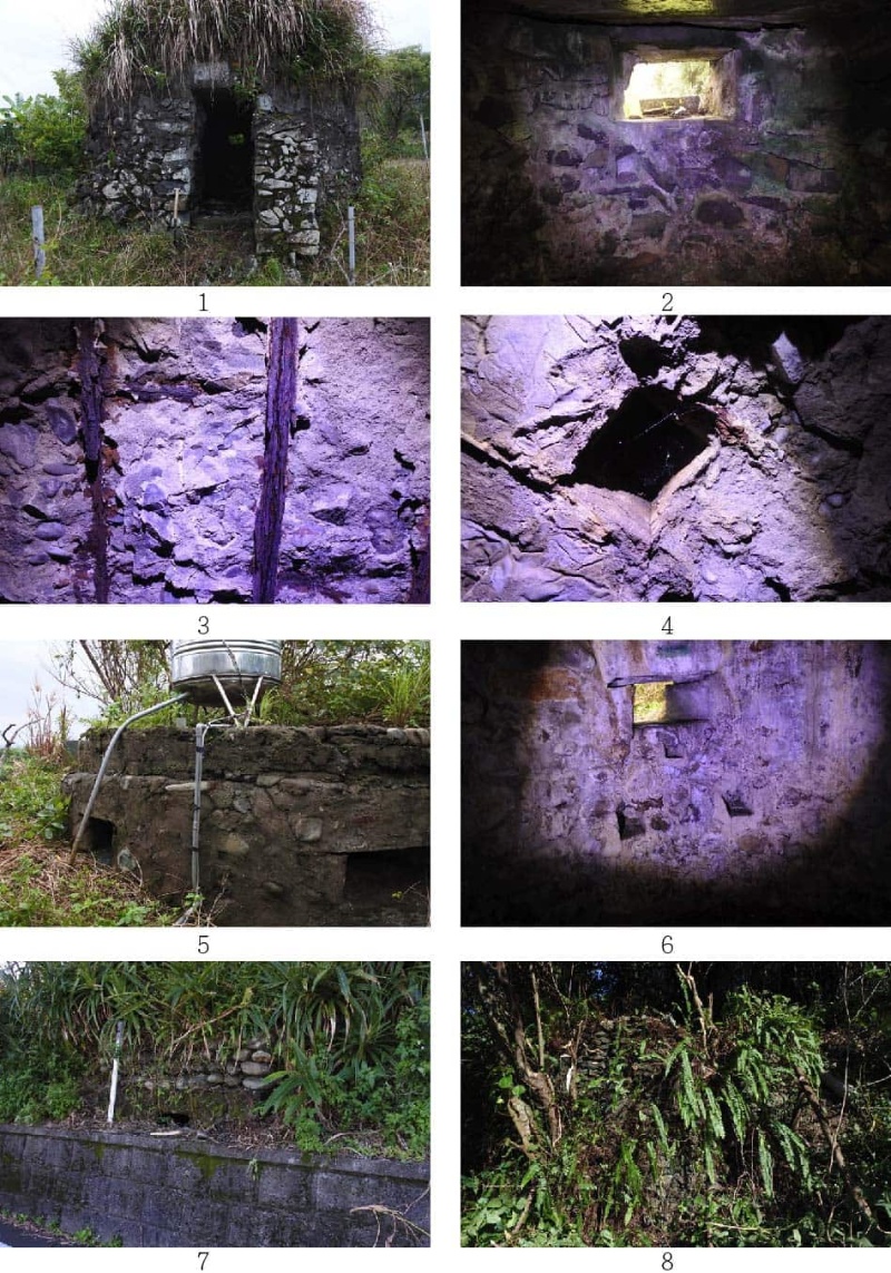圖5：1.烏石港北側砌石碉堡。2.烏石港北側砌石碉堡。3. 烏石港北側砌石碉堡。4.烏石港北側砌石碉堡。5.頭城竹安砌石碉堡。6.頭城竹安碉堡重機槍射口及三角架座。7.五結季水路 14-1 號東側碉堡。8.五結季水路 82-80 號東側砌石碉堡。