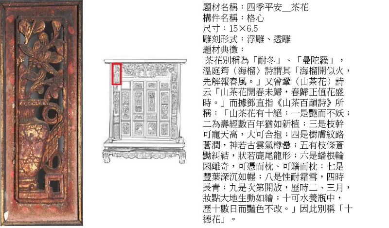 圖10：楊士芳家族公媽龕之「四季平安-茶花」格心木雕版照片及圖說。