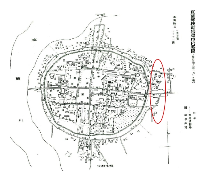 圖八：明治32年（1899年）宜蘭郵便電信局市內內略圖[10] 旭町國民貯蓄組合所在的位置應現今宜蘭火車站附近。(圈起來處為壯一範圍)
