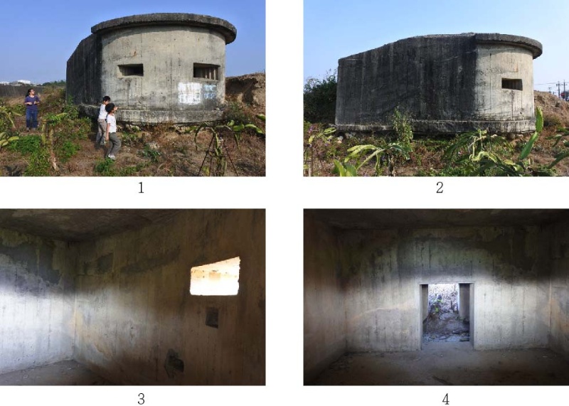 圖1：1.高雄路竹碉堡正面。/ 2. 高雄路竹碉堡側面。 / 3. 高雄路竹碉堡內部射口。 / 4. 高雄路竹碉堡通道。