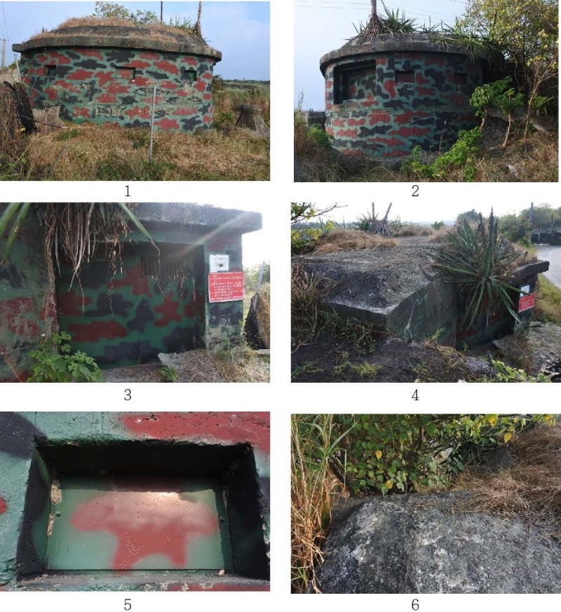 圖2：1. 屏東林邊碉堡正面。/ 2.屏東林邊碉堡側面。/ 3. 屏東林邊碉堡後側入口。/ 4. 屏東林邊碉堡頂蓋。/ 5.屏東林邊碉堡射口。/ 6.屏東林邊碉堡頂蓋。