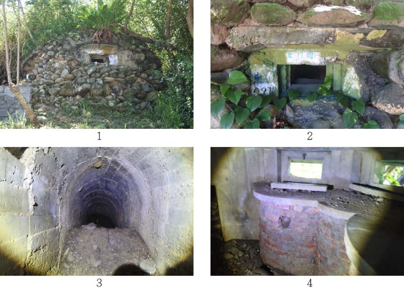 圖3：1.美崙山碉堡。2.美崙山碉堡射口。3.美崙山碉堡後側坑道。4.美崙山碉堡槍臺。