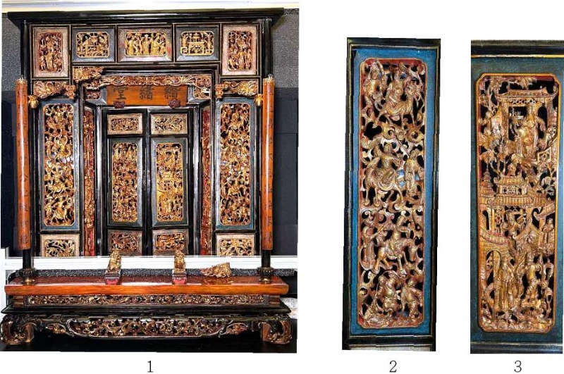 圖1：1.「吳沙百年神龕」正面 / 2. 八仙 / 3. 忠孝廉潔。