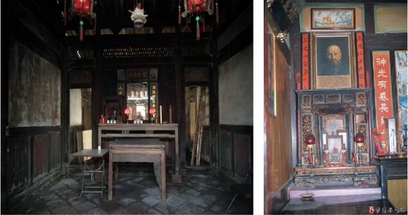 圖1：臺南新化蘇宅正廳內部，屏壁左右兩側開門作通道， 為臺灣南部地區合院民宅常見案例 (左) / 吳沙公媽龕 資料來源：宜蘭人文知識數位資料庫 (右) 。