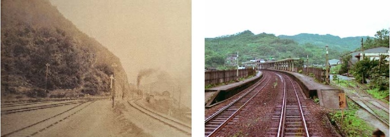 圖2：前畑彥太郎所拍攝的武丹坑驛折返式站場 (左) / 牡丹車站的彎道月台與折返式站場 (右)（資料來源 ：http://trstour.com/mu-dan.htm）。