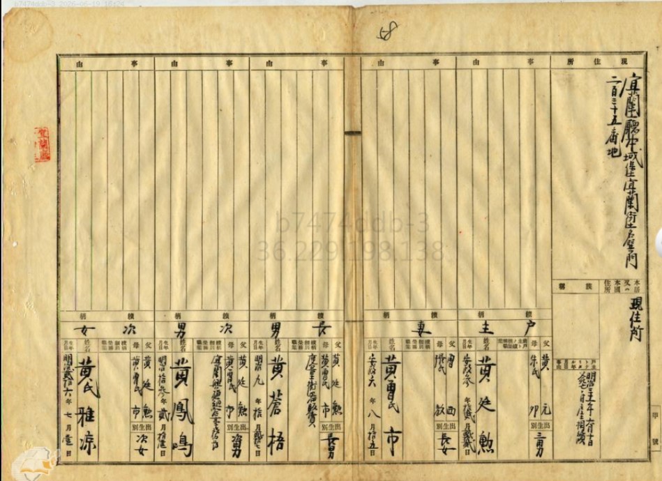 圖2.黃鳳鳴的戶籍謄本介紹[2]。另有一說其父為貢生黃友璋，待考證真實性，戶籍謄本上記載的是黃廷勳。