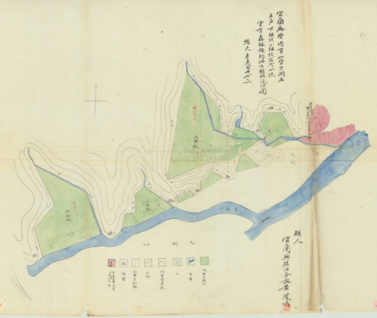圖10.大正6（1917）年宜蘭廳員山堡大湖庄官有森林豫約拂下願地設計圖[12]。由圖中可看出宜蘭興殖組合長黃</br>鳳鳴向日本官方申請取得官有林野使用權，開墾範圍約是現今員山鄉粗坑、冷水坑一帶的山場跟林場。