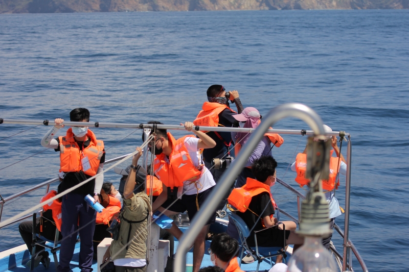培訓之高中生導覽員於船頭搜尋海豚(點擊放大)