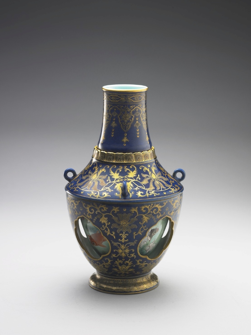 霽青釉描金游魚轉心瓶